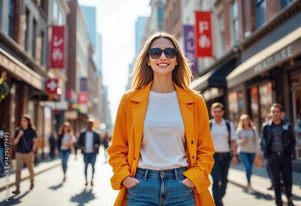 Fototapeta premium Woman in yellow coat enjoys a sunny day in a busy urban street with shoppers and stores