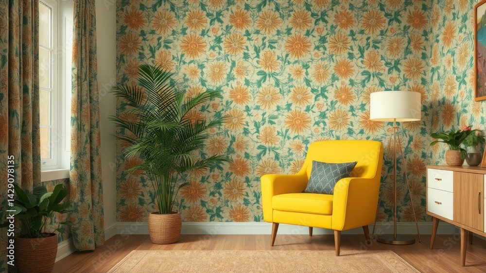 Obraz premium Bright and Cozy Living Room with Floral Wallpaper and Yellow Chair