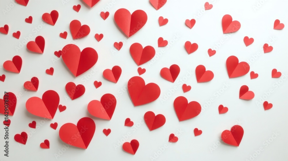 Vibrant Red Paper Hearts in Varying Sizes on White Background Vibrant Red Paper Hearts in Varying Sizes on White Background