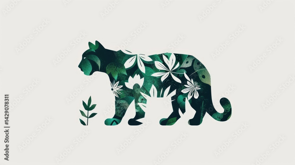 Fototapeta premium a minimalistic brand inspired in a puma composed by shapes of forest as birds leads and flowers
