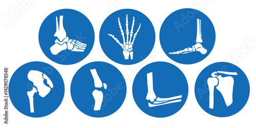Set of Orthopedic Icons in Blue Circles with White Bone and Joint Symbols, Flat Vector Illustration on Solid Background