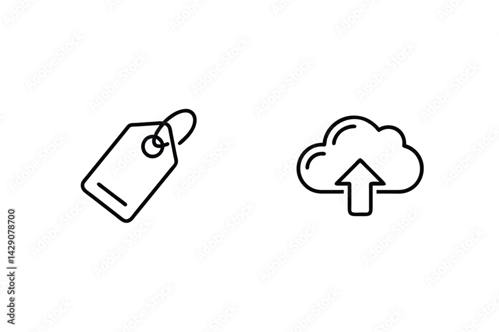Fototapeta premium Minimalist Line Art Icon Set Featuring Price Tag And Cloud Upload Symbol