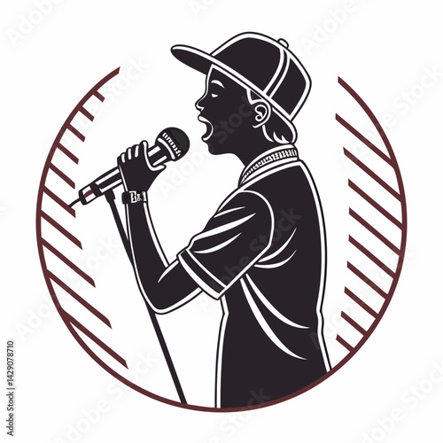 Silhouette Of A Young Singer With Cap Holding Microphone In Round Shape