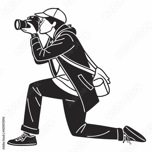 Kneeling Photographer Capturing The Perfect Shot With Camera Illustration In Black And White