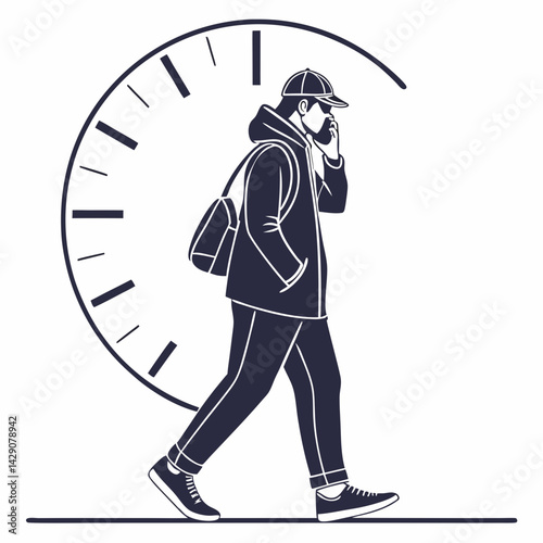 Man Walking And Talking On Phone With Clock Background Vector Illustration