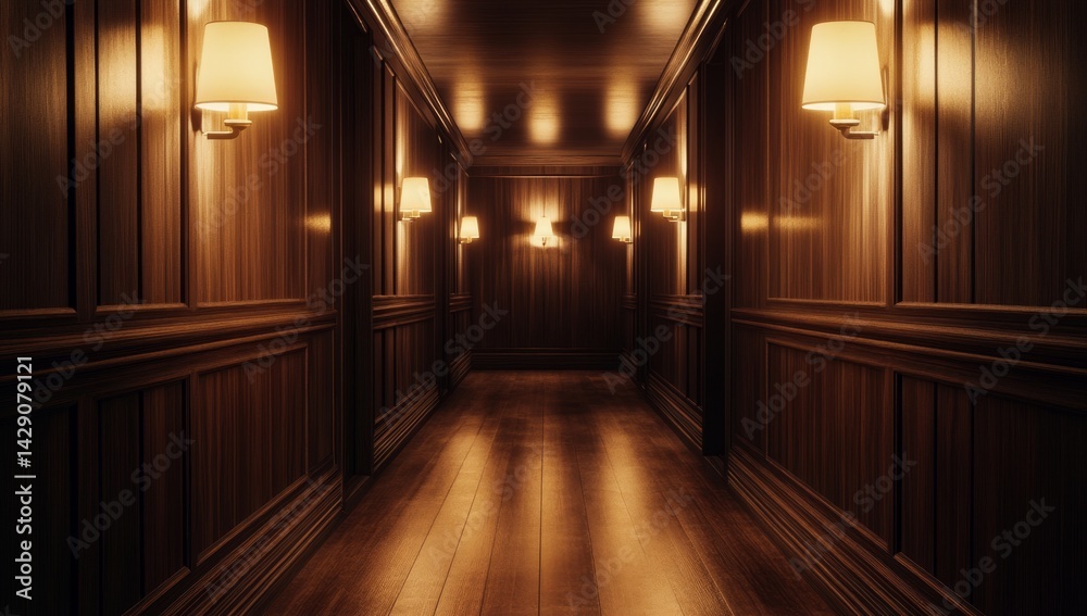 Dark, elegant hallway with warm lighting and wooden paneling Dark, elegant hallway with warm lighting and wooden paneling