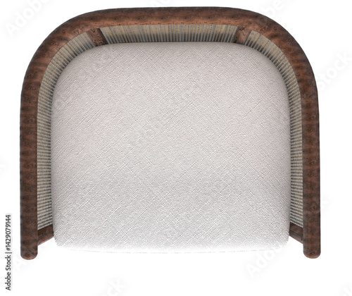 Modern armchair with a dark wood frame and beige cushions. The chair features woven rattan sides, creating a stylish and comfortable seating option for contemporary interiors.