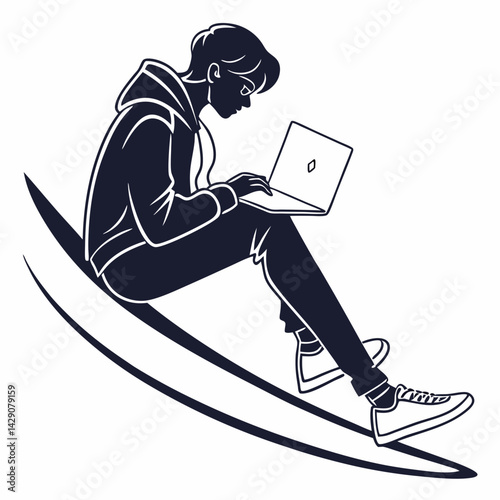 Young Man Working On Laptop While Sitting In Creative Monochrome Style