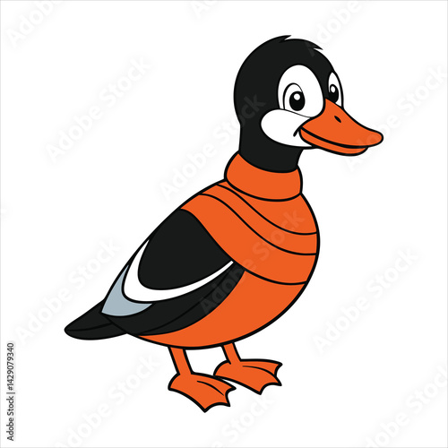 Vector illustration of a cartoon duck, a white waterfowl bird with a green head and orange beak, isolated as a wild avian animal