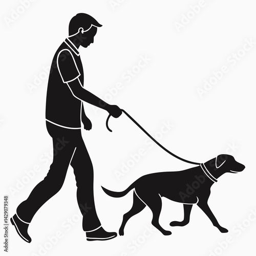 Silhouette Of Man Walking Dog With Leash In Black And White Graphic