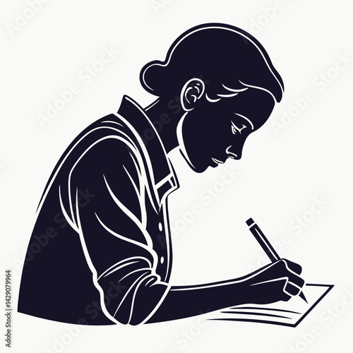 Silhouette Illustration Of A Woman Writing Or Drawing On Paper At Desk