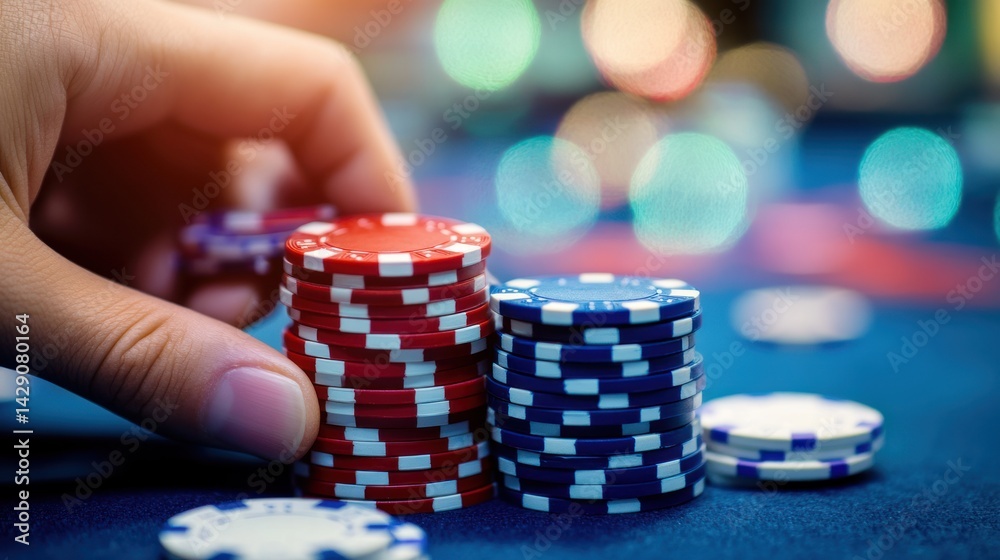 High Stakes Poker Game: Close-up of a Hand Placing Casino Chips on a Felt Table High Stakes Poker Game: Close-up of a Hand Placing Casino Chips on a Felt Table