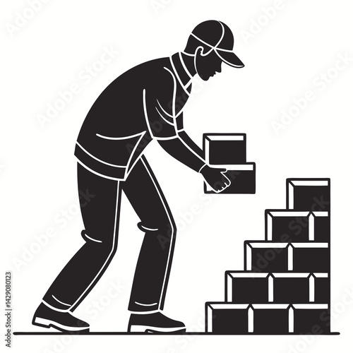 Silhouette Of Man Stacking Boxes Delivering Merchandise Working Hard With Dedication