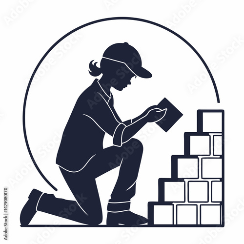 Female Bricklayer Constructing Brick Wall In Silhouette Design Construction Project