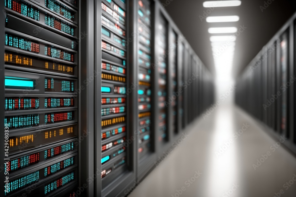 Data center with rows of servers and bright lighting. Data center with rows of servers and bright lighting.