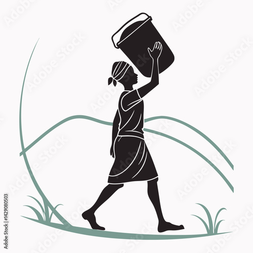 Woman Carrying Water Vector Illustration Rural Life Water Scarcity Concept