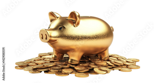 Golden Piggy Bank Surrounded by Piles of Coins Symbolizing Savings, Wealth, Financial Growth, Investment Opportunities, and Prosperity in a Bright Background