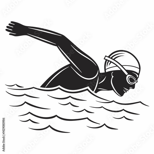 Monochrome Vector Illustration Of A Swimmer In Action With Swimming Cap And Goggles