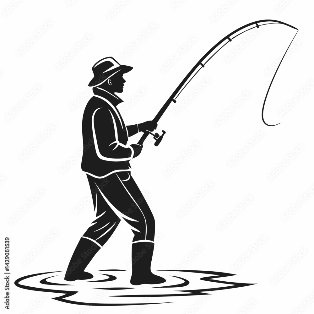 Obraz premium Fisherman Silhouette Standing In Water With Fishing Rod Vector Illustration Design