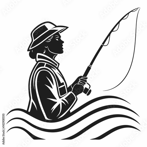 Black And White Silhouette Of Woman Fishing With Rod In Wavy Waters