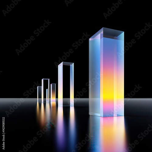 3d crystal glass pillars on black background. Abstract transparent square columns with rainbow light prism effect render. Clear glossy rectangle cube block pattern with blue.