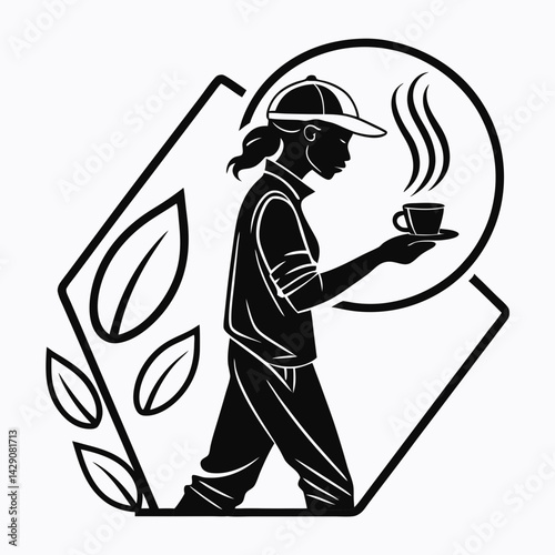 Woman Serving Hot Coffee In Black And White Minimalist Icon Graphic