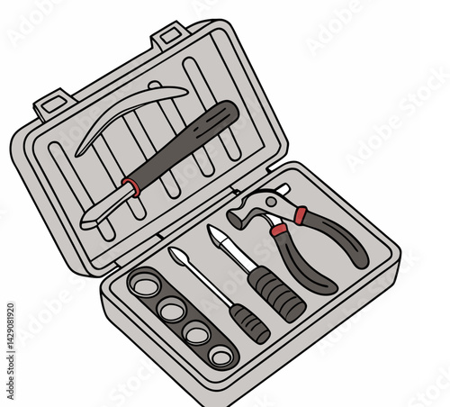Hand Tool Box With Hammer Screwdrivers And Spanners Gray And Black Color