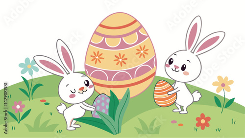 3D Easter card with bunnies in front of painted eggs on the grass surrounded by flowers.
