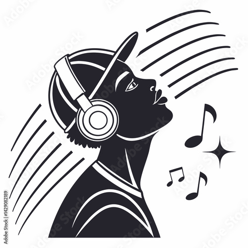 Silhouette Of Person Wearing Cap And Headphones Listening Music Notes Design