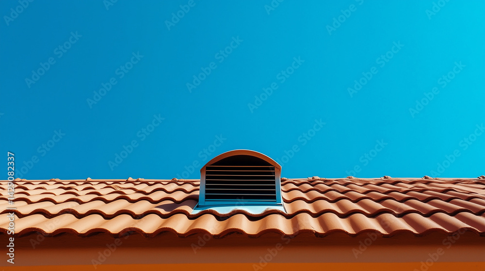 Naklejka premium Ventilation outlet pipe in durable plastic protrudes from pitched roof with symmetrical shingle pattern, against clear blue sky