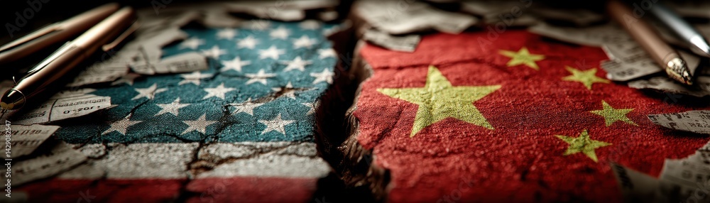 A dramatic depiction of the U.S. and China flags cracked and juxtaposed, symbolizing tension and conflict between the two nations. A dramatic depiction of the U.S. and China flags cracked and juxtaposed, symbolizing tension and conflict between the two nations.