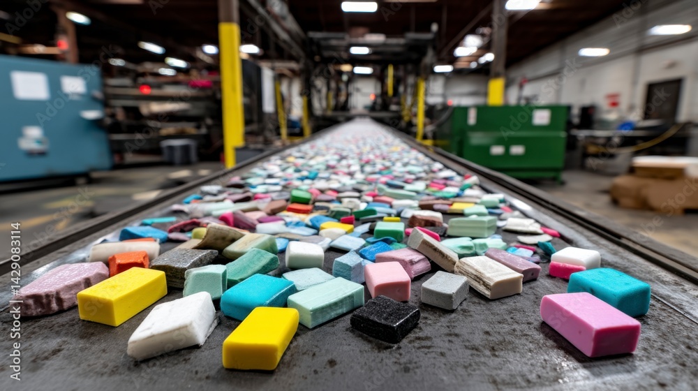 Obraz premium Colorful plastic pieces move along a conveyor belt in a factory setting.