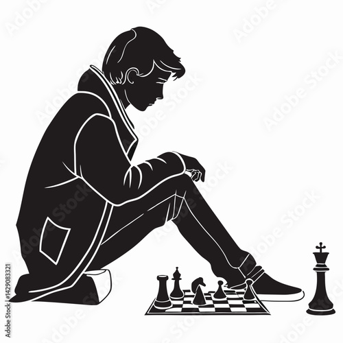 Monochrome Illustration Of A Young Man Contemplating Chess Strategy In Solitude