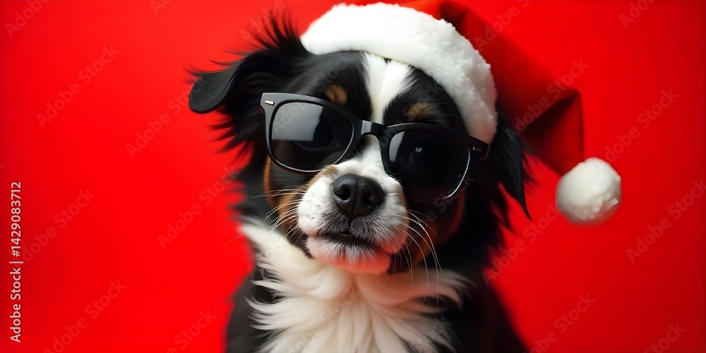 a small dog with black and white fur, wearing a Santa hat and sunglasses, set against a solid red background.