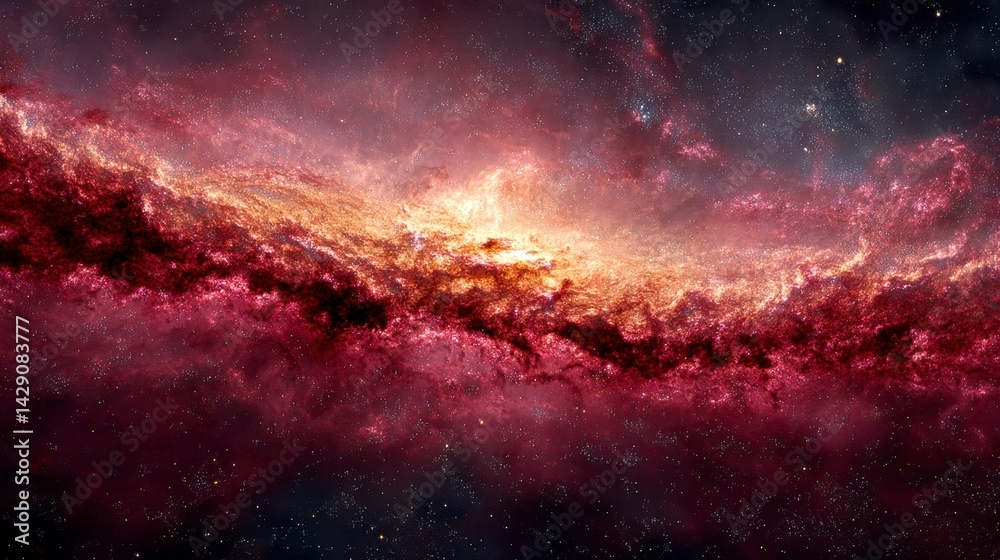 Obraz premium Cosmic clouds of gas and dust in deep space, swirling nebulae in red, pink, and gold hues.
