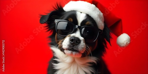 Obraz na płótnie a small dog with black and white fur, wearing a Santa hat and sunglasses, set against a solid red background. w salonie