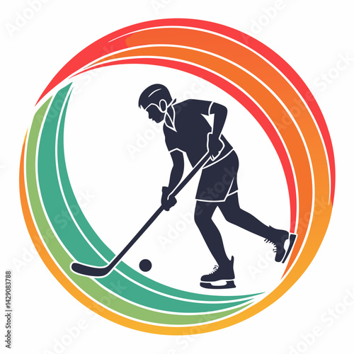 Ice Hockey Player Silhouette In Action With Decorative Circle Background Artwork