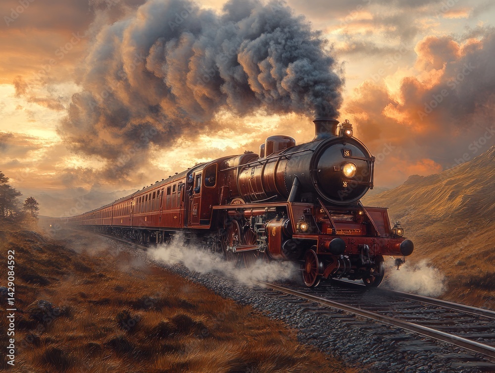 Obraz premium Steam train travels on tracks emitting smoke against a sunset or sunrise sky.