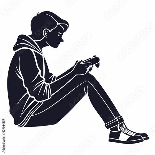 Silhouette Of Teenager In Hoodie Sitting And Playing Video Games With Controller