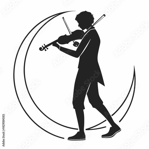 Silhouette Of A Violinist Playing Violin Framed By Graphic Crescent Moon Element