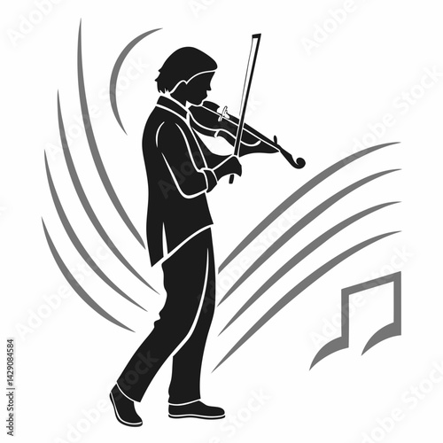 Silhouette Of Violinist Performing With Music Notes And Strings For Illustration