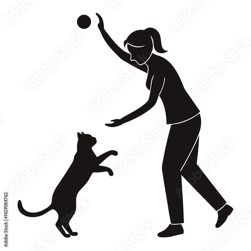 Woman Playing Ball With Cat Silhouette Domestic Animal Having Fun Together