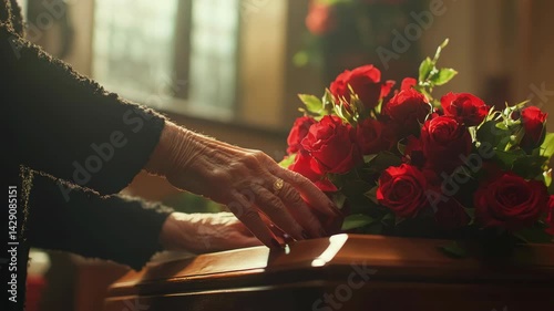 A grieving woman in black formal clothing holding a bouquet of red roses next to a closed wooden coffin. v2