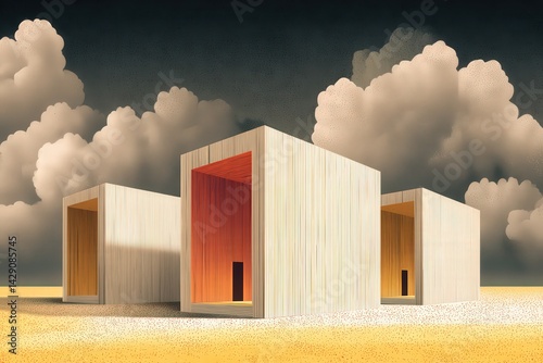 Modern Architectural Structures with Dramatic Clouds in Background