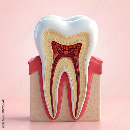 A 3D-rendered image showcases a detailed cross-section of a human tooth, revealing its internal structure: enamel, dentin, pulp, and surrounding gum tissue.