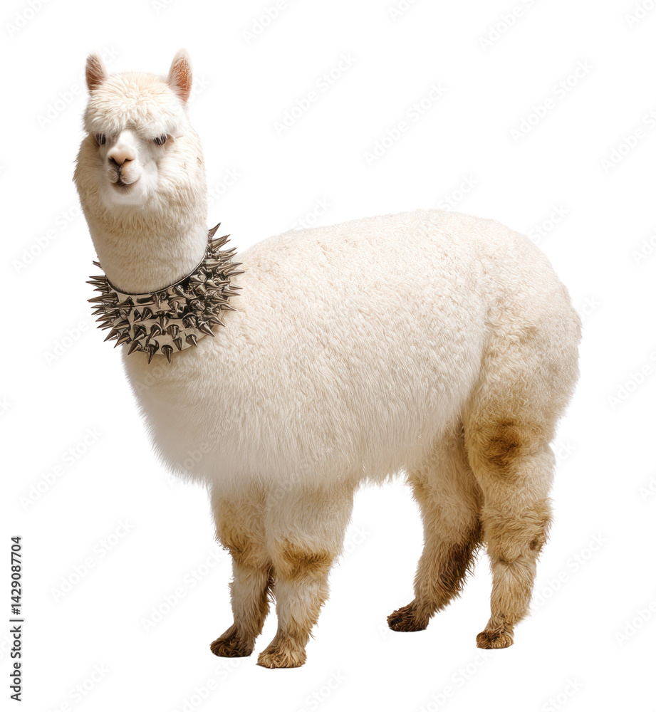 Fototapeta premium Alpaca wearing a spiked collar isolated PNG