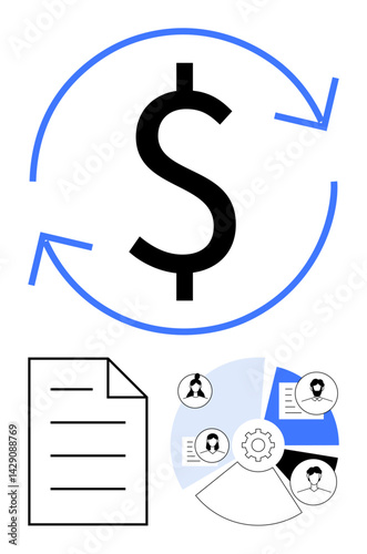 Dollar sign surrounded by arrows, document icon, and workflow diagram with human avatars. Ideal for finance, business, economy, process management, collaboration documentation services. Flat simple