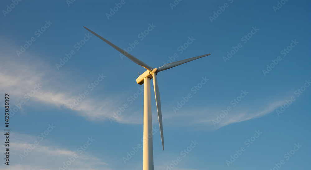 White Wind Turbine against Blue Sky Generating Clean Energy from Renewable Source White Wind Turbine against Blue Sky Generating Clean Energy from Renewable Source