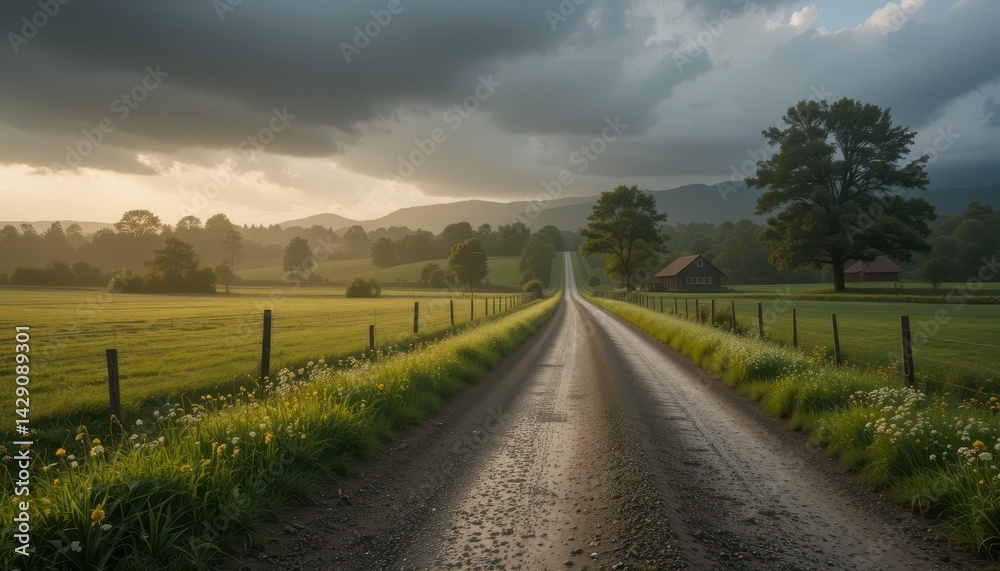 Naklejka premium Tranquil Country Road Amidst Lush Green Fields Under Dramatic Sky