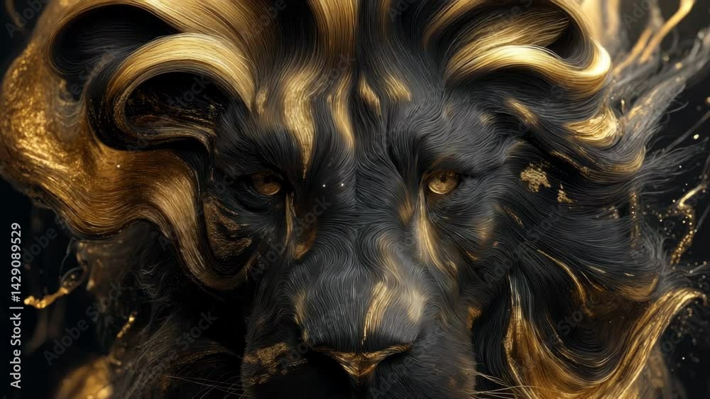 3d render of abstract art with surreal wild king lion animal in walk process based on neon glowing curve wavy lines forms in purple red and white color on black background  